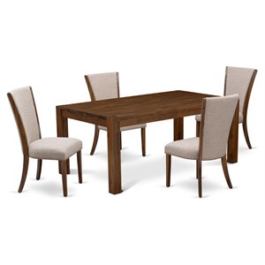 Pemberly Row 5-Piece Wood Dining Set in Antique Walnut with Linen Chairs