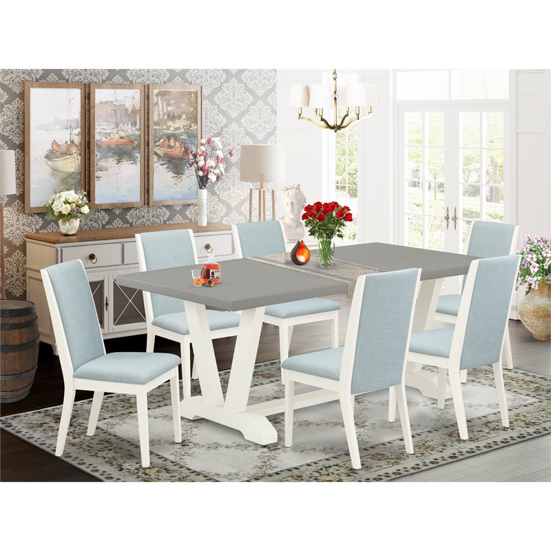 Pemberly Row 7-Piece Wood Dining Set in Linen White and Baby Blue