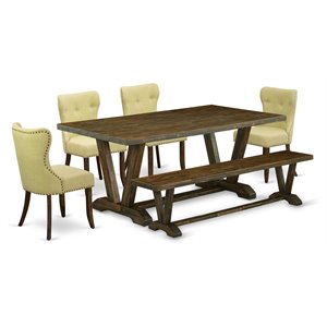Pemberly Row 6-Piece Dining Set with Wood Table and Bench in Limelight