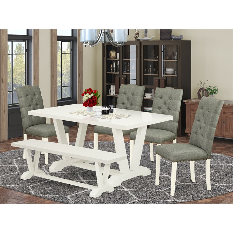 Pemberly Row 6-Piece Wooden Dining Set with Smoke Upholstery in Linen White