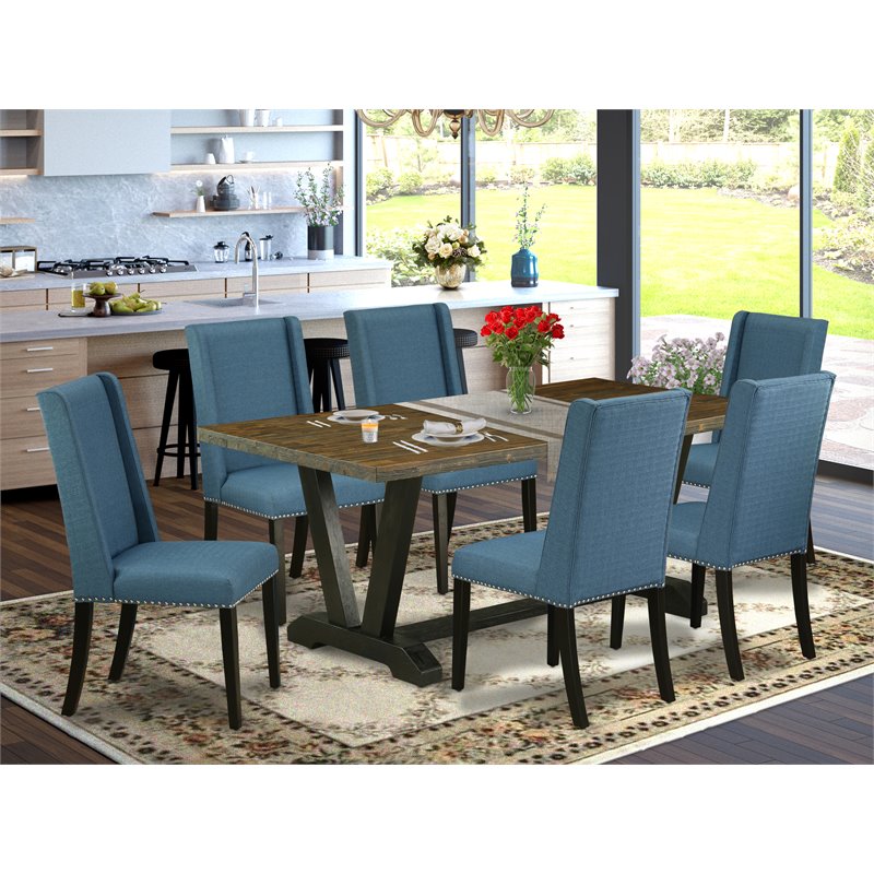 Pemberly Row 7-Piece Wood Dining Set with Cushion Seat in Mineral Blue