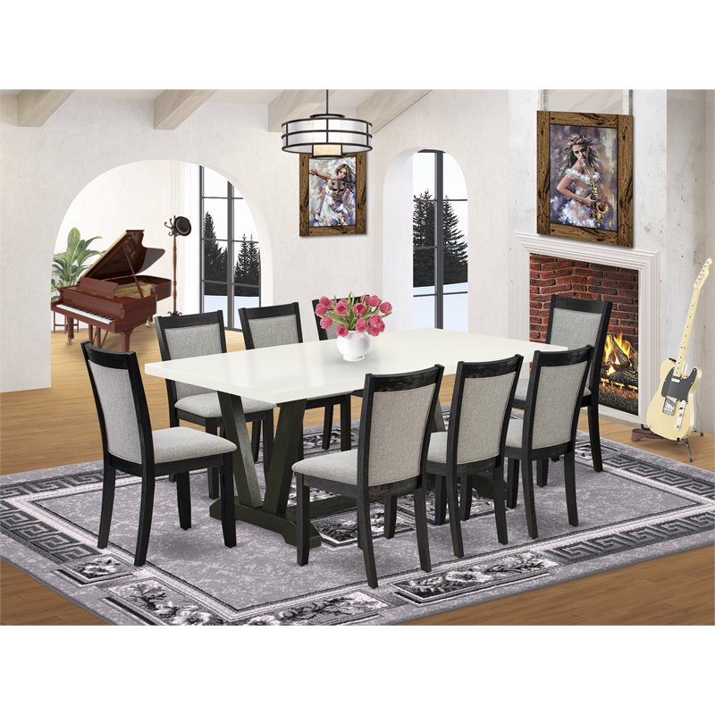 Pemberly Row 9-Piece Rubberwood Dining Set in White & Gray Upholstery