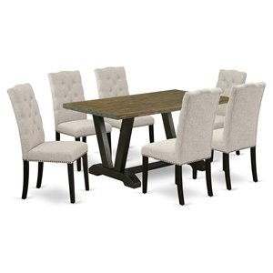 Pemberly Row 7-Piece Wood Dining Set with Khaki Linen Chairs