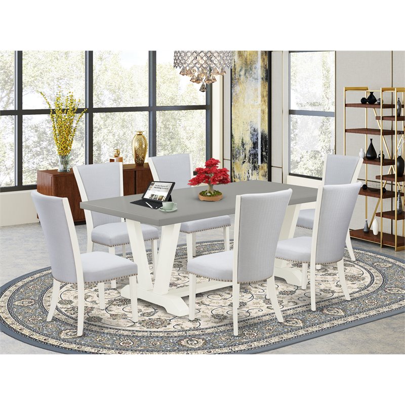 Pemberly Row 7-Piece Wood Dining Set in Gray and Wire Brushed Linen White