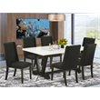 Pemberly Row 7-Piece Wooden Dining Set with Black Finish & Fabric Seats