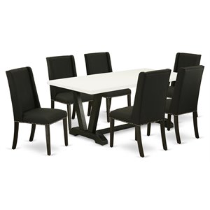 pemberly row 7-piece wooden dining set with black finish & fabric seats