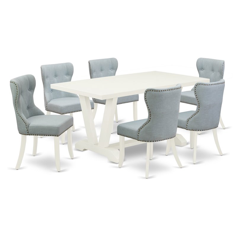 Pemberly Row 7-Piece Rubber Wood Dinette Set in Linen White/Baby Blue