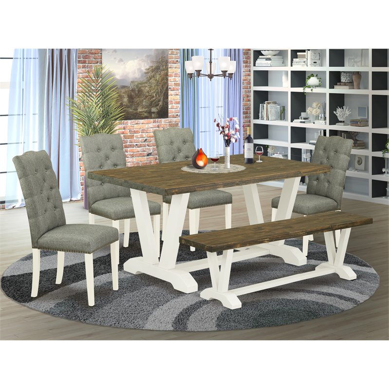 Pemberly Row 6-Piece Wood Dining Set with Bench in White and Smoke