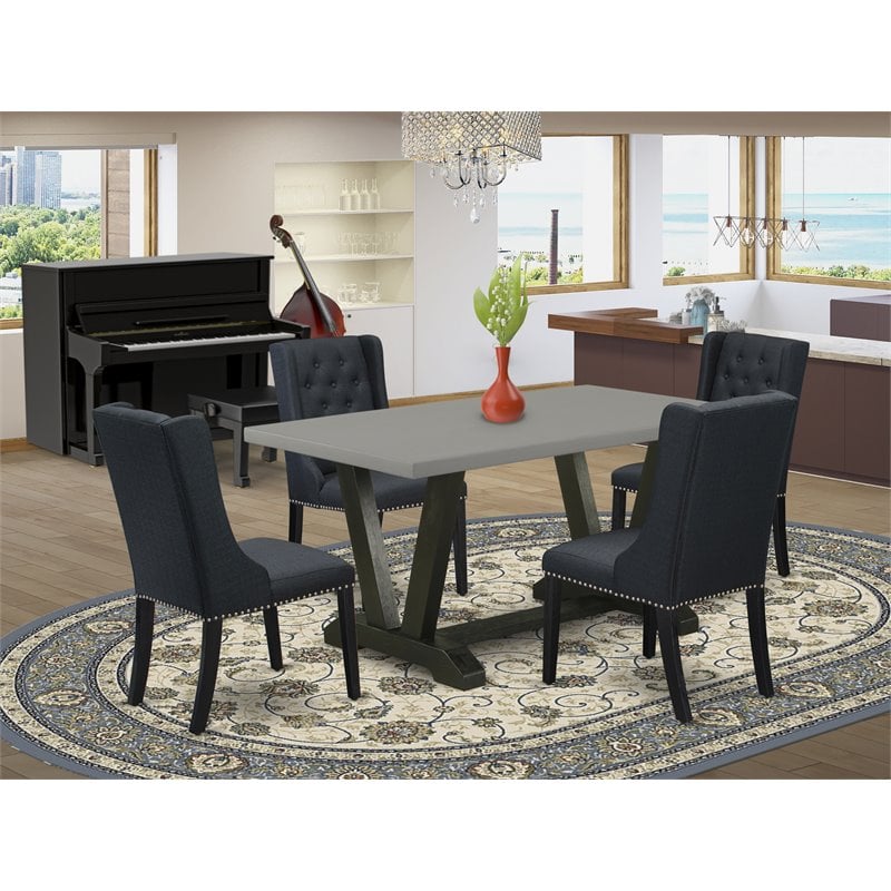 Pemberly Row 5-Piece Dining Set with Cement Top and Black Tufted Chairs