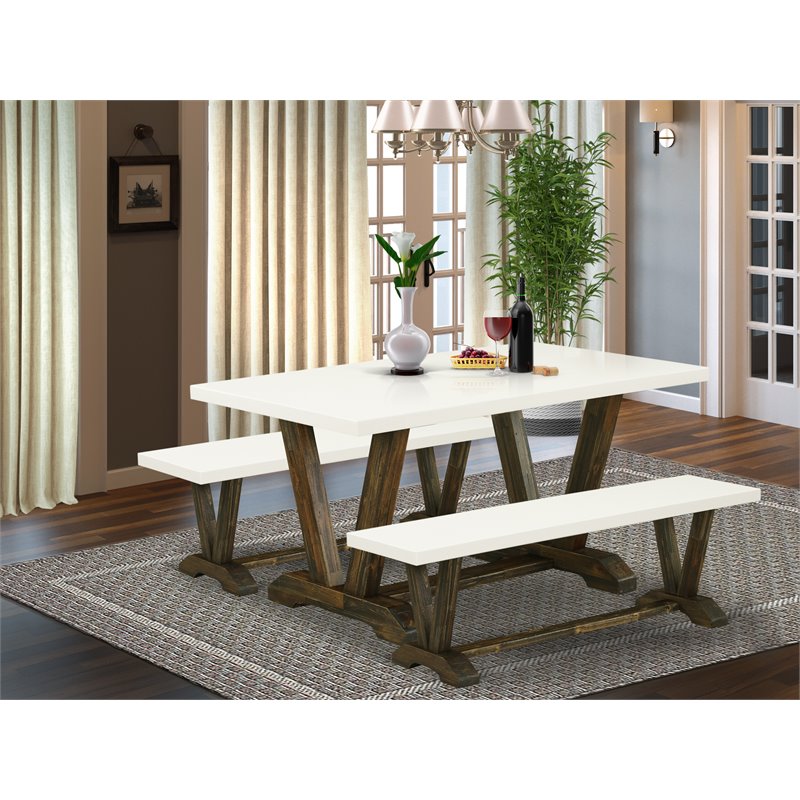 Pemberly Row 3-Piece Wood Dining Set with 2 Benches in Jacobean Brown