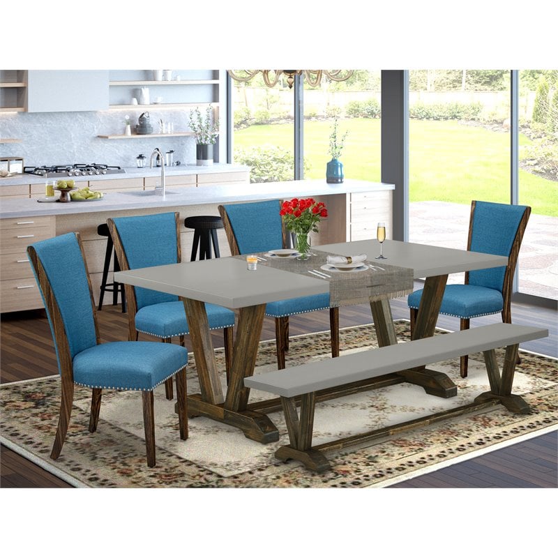 Pemberly Row 6-Piece Wood Dining Set with Black Fabric Chairs