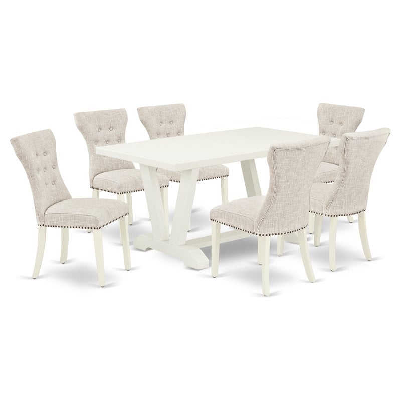 Pemberly Row 7-Piece Wood Dining Set in Doeskin Gray Linen Upholstery