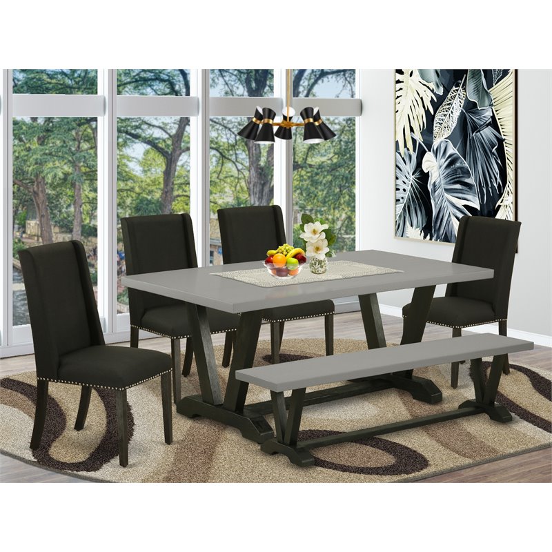 Pemberly Row 6-Piece Wood Dining Set with Black Finish and Blue Chairs