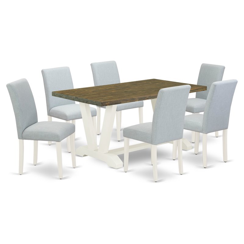 Pemberly Row 7-Piece Wood Dining Set in Linen White and Baby Blue Finish