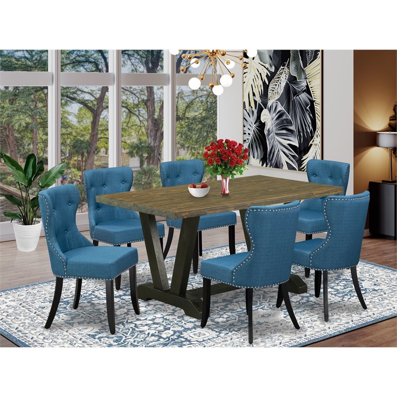 Pemberly Row 7-Piece Wood Dining Set in Jacobean Blue and Black