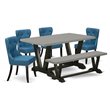 Pemberly Row 6-Piece Wood Kitchen Set with Blue Chairs in Cement and Black