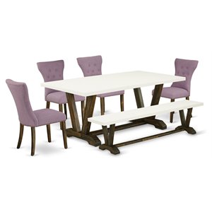 Pemberly Row 6-Piece Dining Set with Bench and Tufted Chairs in Jacobean