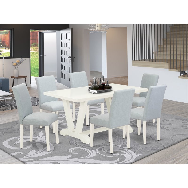 Pemberly Row 7-Piece Wood Dining Set in Linen White and Baby Blue Finish