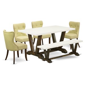 Pemberly Row 6-Piece Dining Set with Wood Table Parson Chairs and Bench