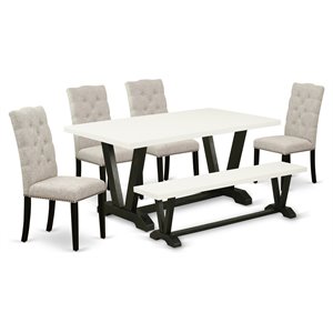 Pemberly Row 6-Piece Dining Set with Black Table Bench and Doeskin Chairs