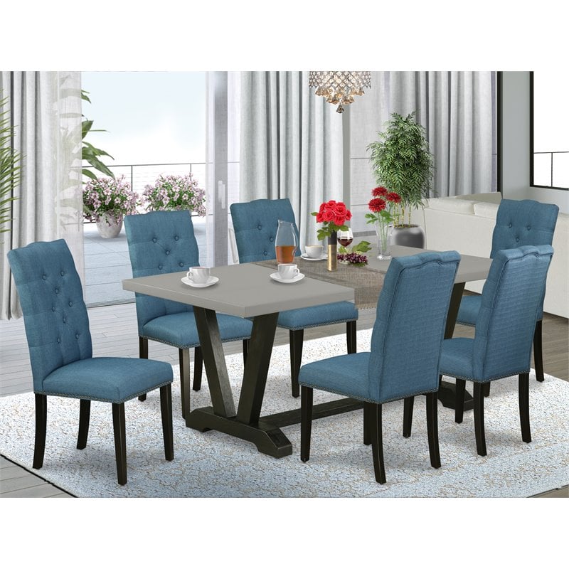 Pemberly Row 7-Piece Dining Set with Wood Table in Black and Cement Finish