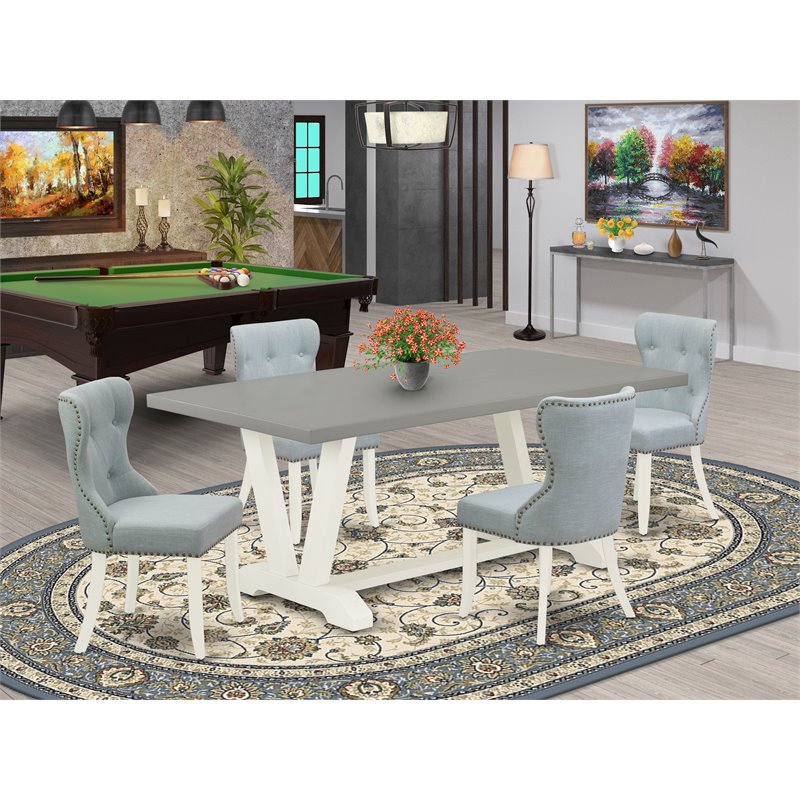 Pemberly Row 5-Piece Wood Dining Set in Linen White with Baby Blue Seats