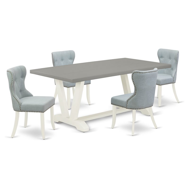 Pemberly Row 5-Piece Wood Dining Set in Linen White with Baby Blue Seats