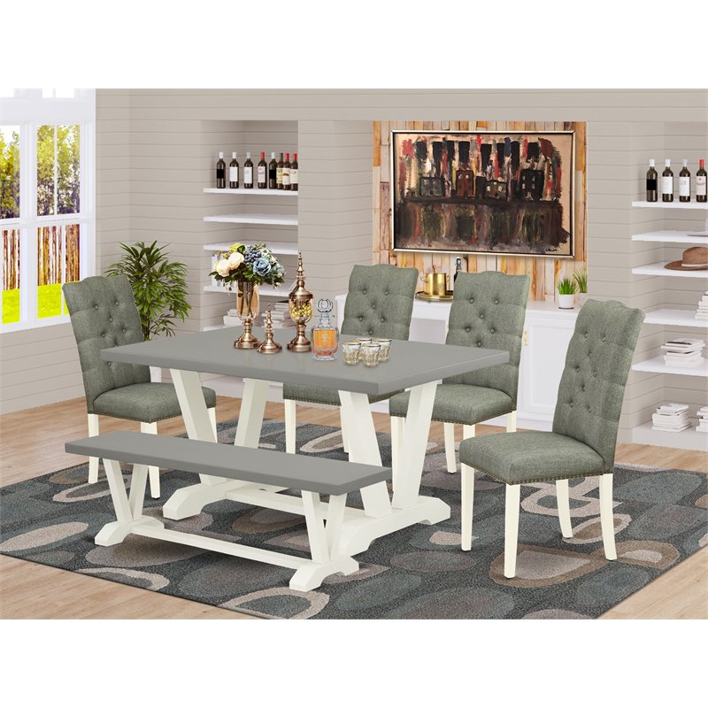Pemberly Row 6-Piece Wood Dining Set in Linen White with Smoke Upholstery