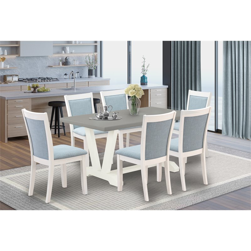 Pemberly Row 7-Piece Acacia Wood Dining Set with Cement Top and Blue Chairs