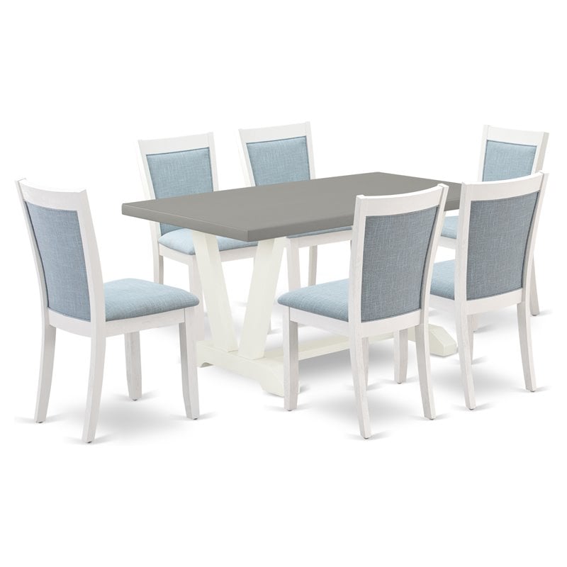Pemberly Row 7-Piece Acacia Wood Dining Set with Cement Top and Blue Chairs