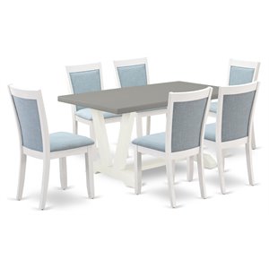 pemberly row 7-piece acacia wood dining set with cement top and blue chairs