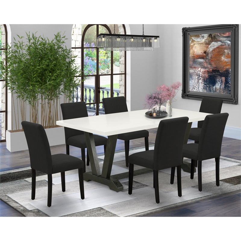 Pemberly Row 7-Piece Wood Dining Set in Linen White and Black