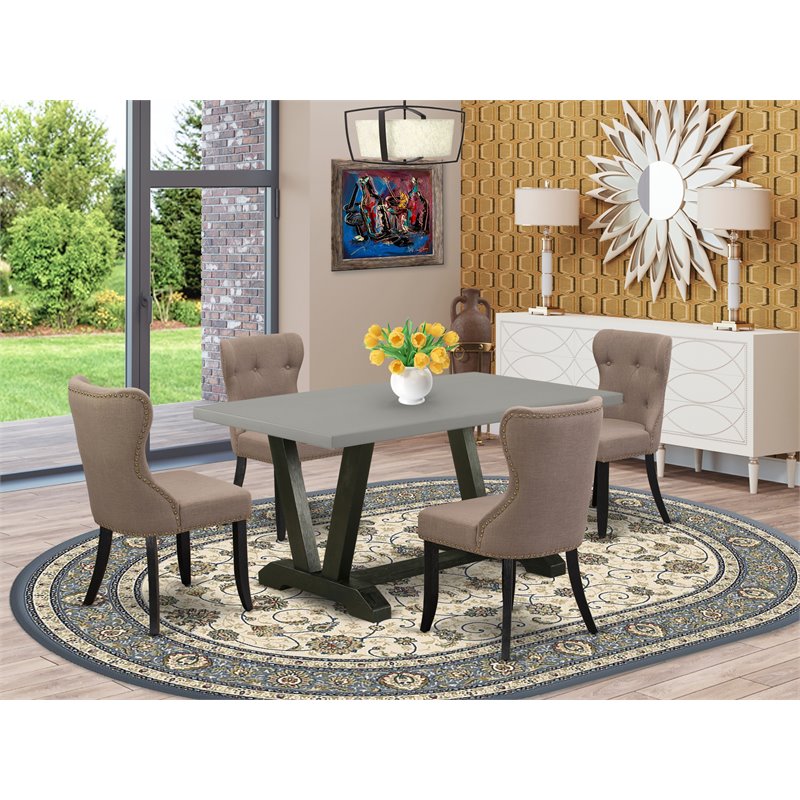 Pemberly Row 5-Piece Wood and Linen Dining Set in Coffee and Black