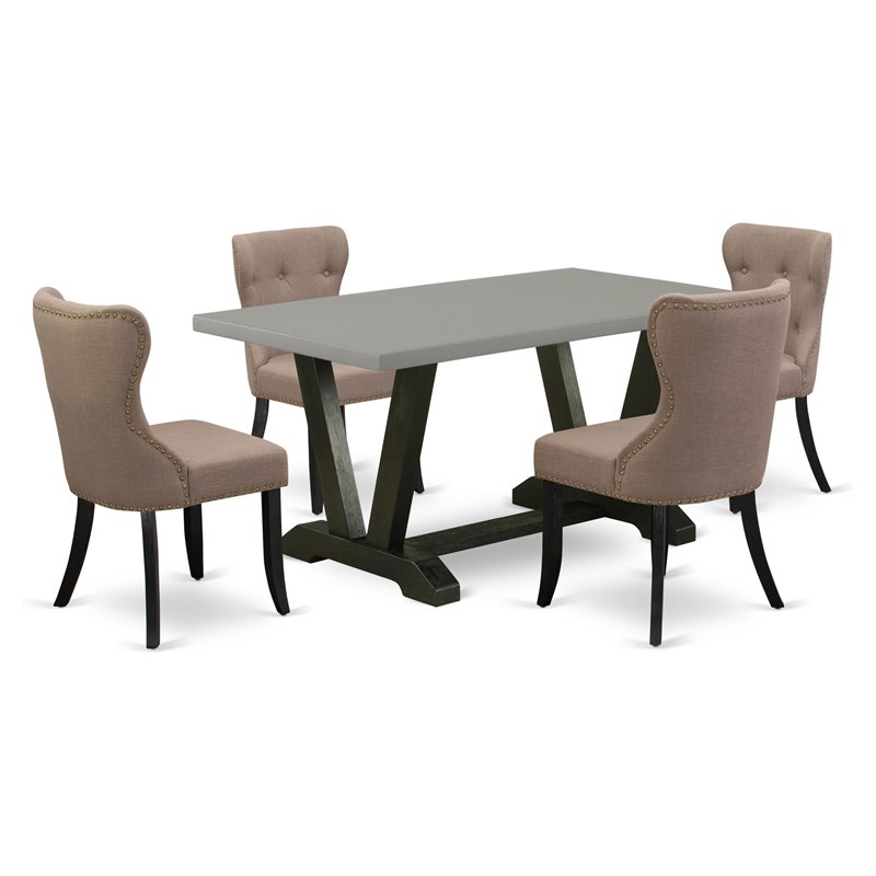Pemberly Row 5-Piece Wood and Linen Dining Set in Coffee and Black
