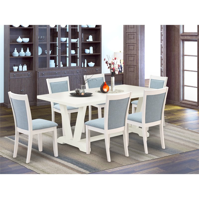 Pemberly Row 7-Piece Rubber Wood Dining Set in Baby Blue and White