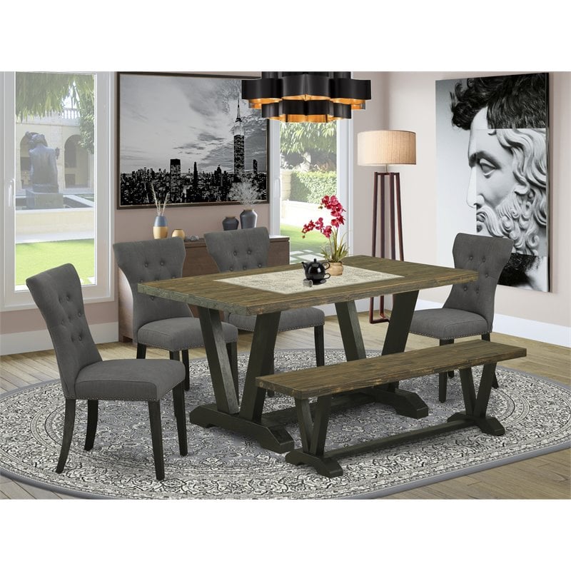 Pemberly Row 6-Piece Wood Dining Set in Jacobean/Black/Gray Finish