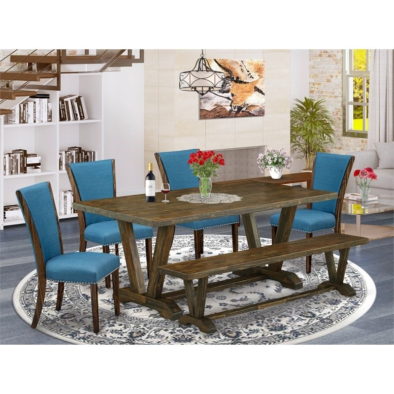 Pemberly Row 6-Piece Wood Dining Set with Padded Chairs in Jacobean Brown