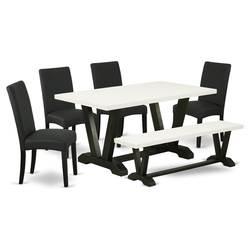 Pemberly Row 6-Piece Wood Kitchen Set with Bench in White and Black