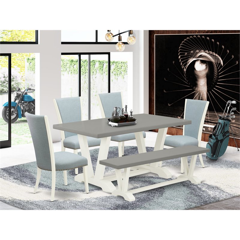 Pemberly Row 6-Piece Wood Dining Set in Linen White with Blue Baby Fabric