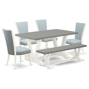 pemberly row 6-piece wood dining set in linen white with blue baby fabric