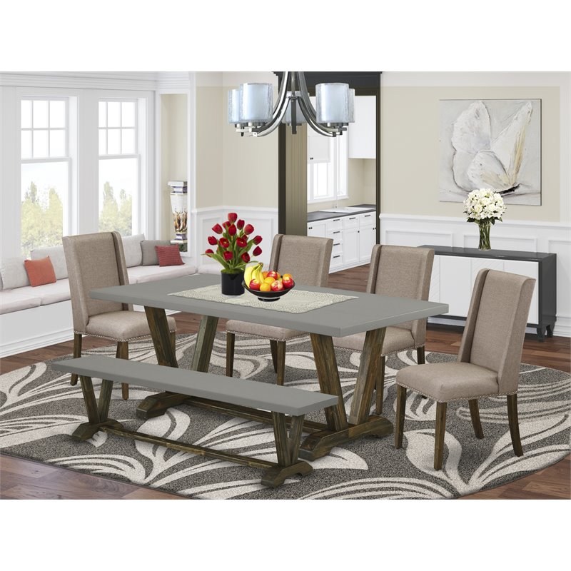 Pemberly Row 6-Piece Wood Dining Set in Dark Khaki Brown with Linen Chairs