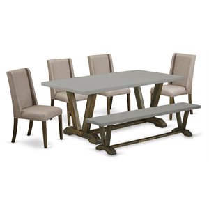 Pemberly Row 6-Piece Wood Dining Set in Dark Khaki Brown with Linen Chairs