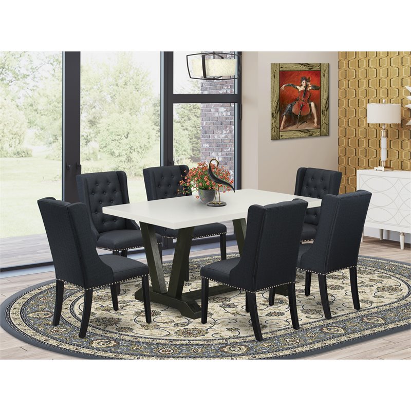 Pemberly Row 7-Piece Wood Dining Set with Linen Seat in Black Finish
