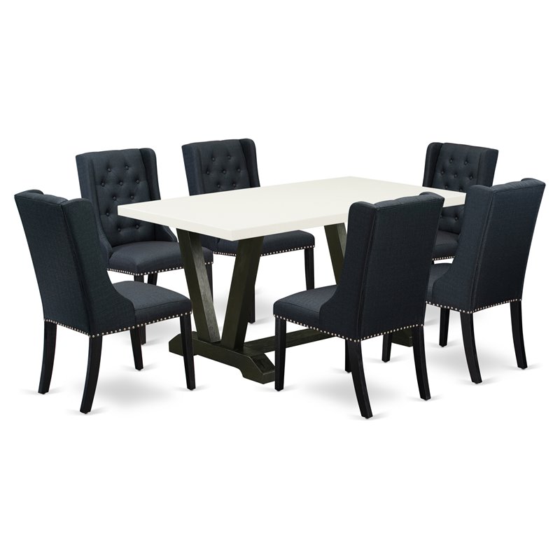 Pemberly Row 7-Piece Wood Dining Set with Linen Seat in Black Finish