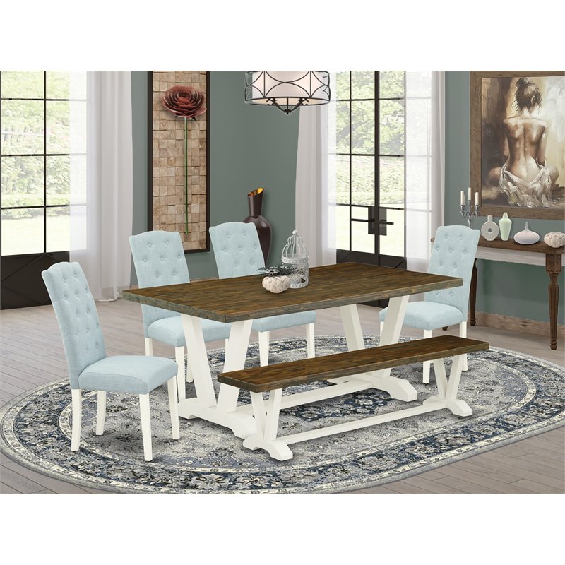 Pemberly Row 6-Piece Wood Dining Set with Bench in White and Baby Blue