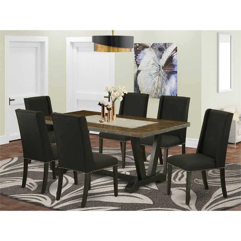 Pemberly Row 7-Piece Wood Kitchen Set with Linen Upholstered Seats in Black