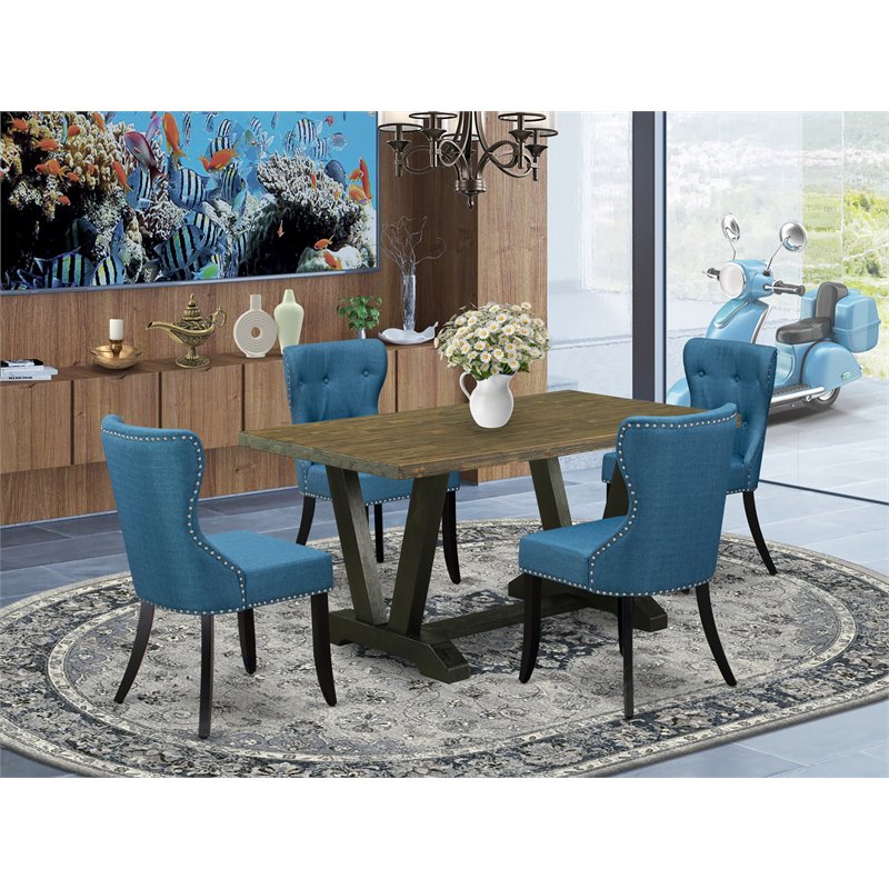 Pemberly Row 5-Piece Wood Dining Set with Blue Upholstery and Black Legs