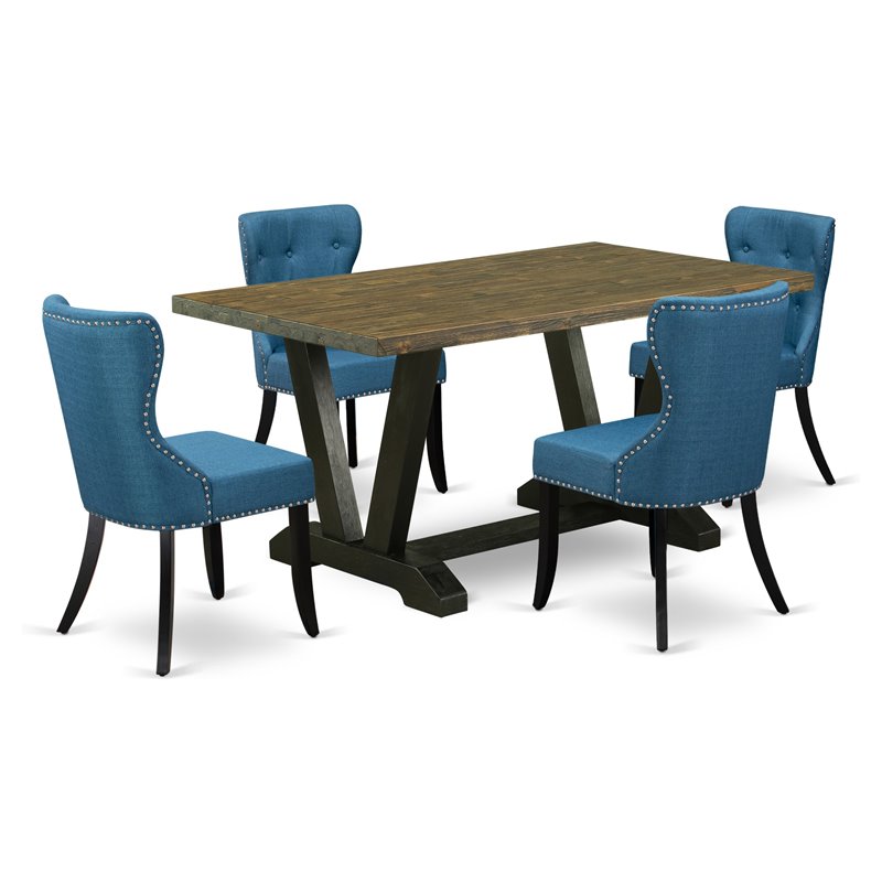 Pemberly Row 5-Piece Wood Dining Set with Blue Upholstery and Black Legs