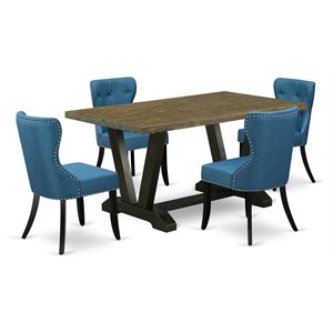 Pemberly Row 5-Piece Wood Dining Set with Blue Upholstery and Black Legs