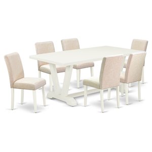 Pemberly Row 7-Piece Wood Dining Set with Light Beige Fabric Chairs